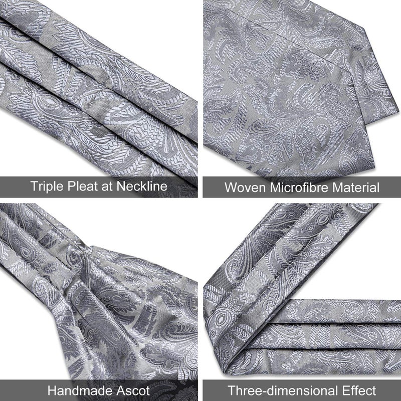 DiBanGu Grey Ascot Ties for Men Cravat Tie and Pocket Square Set Jacquard Silk Ascot Paisley Cravat for Men - Image 4